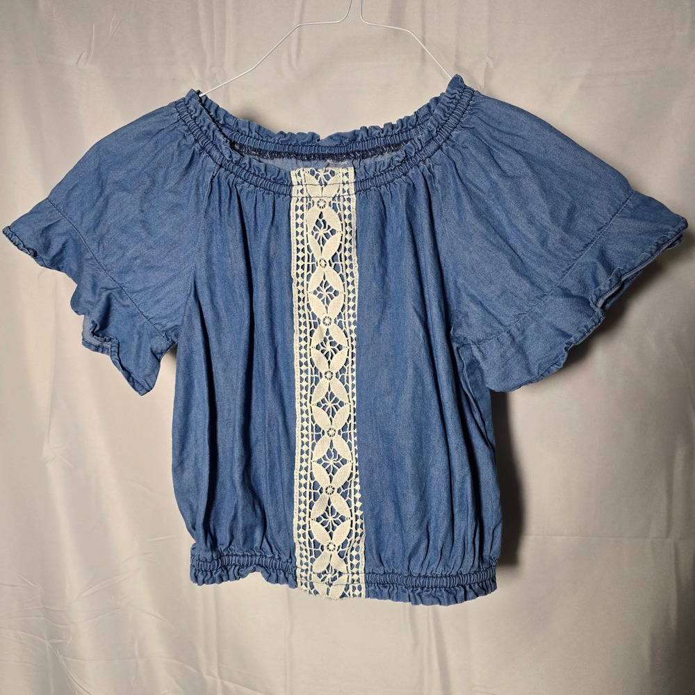 Blue Chambray Lace Trim Off Shoulder Crop Top Ruffle Sleeve Boho Blouse
